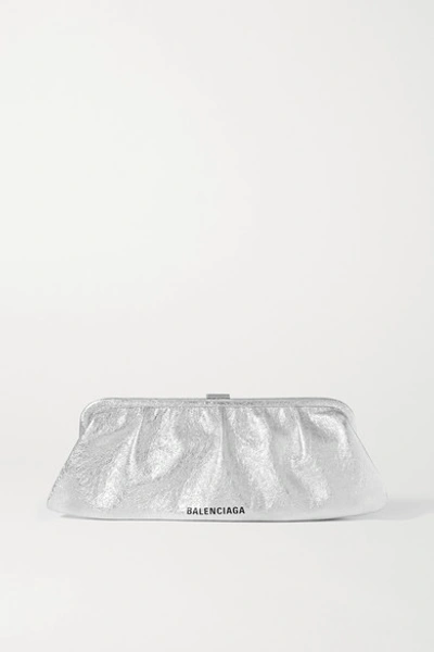 Shop Balenciaga Cloud Large Logo-print Metallic Crinkled-leather Clutch In Silver