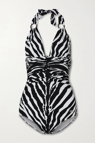 Shop Dolce & Gabbana Embellished Ruched Zebra-print Halterneck Swimsuit In Zebra Print