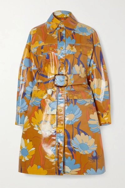 Shop Fendi Floral-print Belted Glossed-cotton Coat In Brown