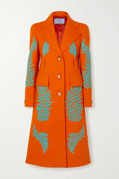 Shop Prada Bead-embellished Wool Coat In Orange