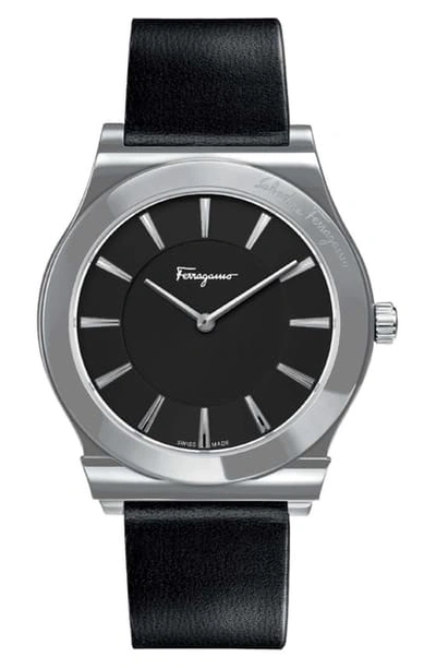 Shop Ferragamo 1898 Slim Leather Strap Watch, 41mm In Black/ Silver