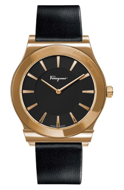 Shop Ferragamo 1898 Slim Leather Strap Watch, 41mm In Black/ Rose Gold