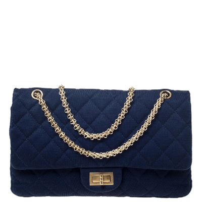 Pre-owned Chanel Navy Blue Quilted Jersey Reissue 2.55 Classic 227 Flap Bag