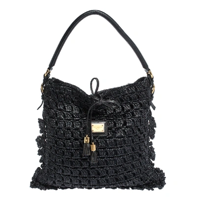 Pre-owned Dolce & Gabbana Black Crochet Straw And Leather Hobo