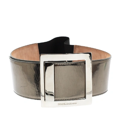 Pre-owned Dolce & Gabbana Gunmetal Laminated Leather Elastic Wide Waist Belt 90cm In Metallic