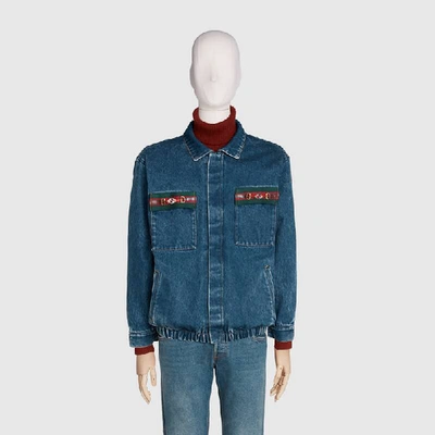 Shop Gucci Washed Denim Jacket With Web In Blue