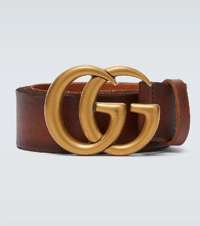 Shop Gucci Leather Belt With Double-g Buckle In Brown
