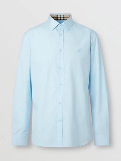 Shop Burberry Slim Fit Monogram Motif Stretch Cotton Popl In Pale Blue