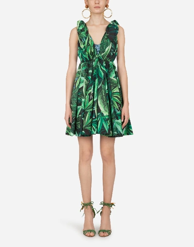 Shop Dolce & Gabbana Short Poplin Dress With Leaf Print In Floral Print