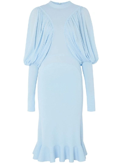 Shop Burberry Puff Sleeves Midi Dress In Blue