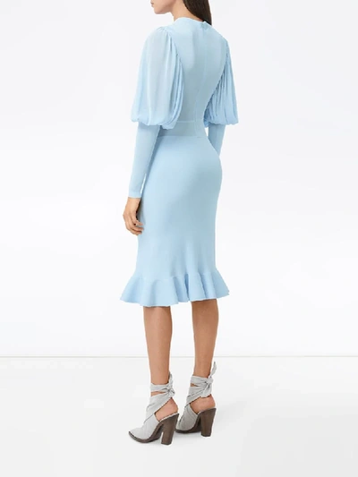 Shop Burberry Puff Sleeves Midi Dress In Blue