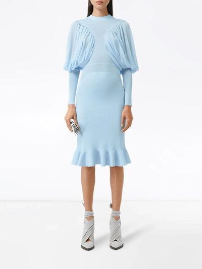 Shop Burberry Puff Sleeves Midi Dress In Blue