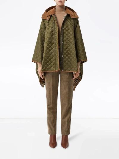 Shop Burberry Quilted Hooded Cape In Green