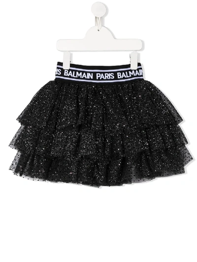 Shop Balmain Teen Polka Dot Ruffled Skirt In Black