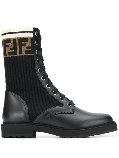 Shop Fendi Jacquard Ff Motif Military Boots In Black