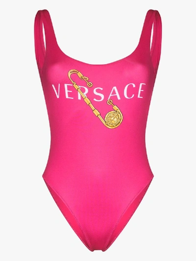 Shop Versace Pink Safety Pin Logo Swimsuit