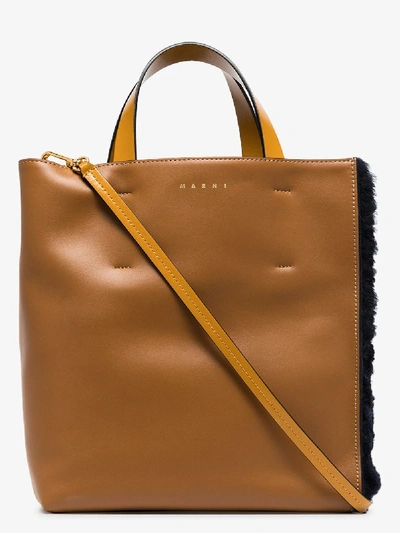 Shop Marni Brown Museo Leather Shearling Tote Bag