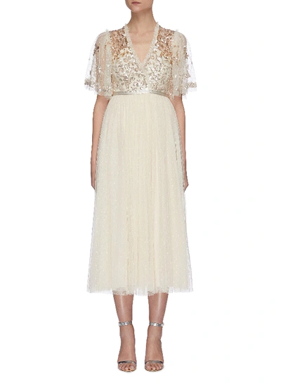 Shop Needle & Thread Sequin Embellished Panelled Cape Sleeve Tulle Midi Dress In Neutral