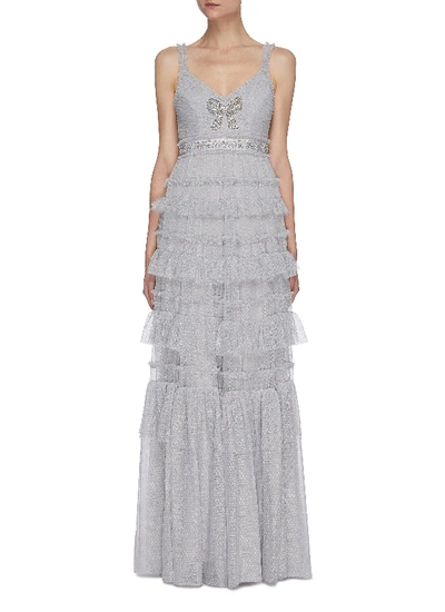 Shop Needle & Thread Belted Sequin Embellished Ruffle Sleeveless Gown In Grey