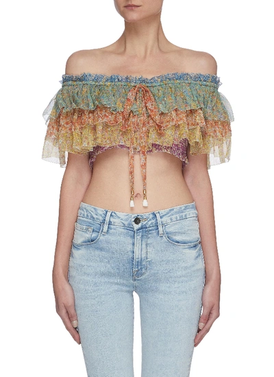 Shop Zimmermann Carnaby' Off Shoulder Floral Print Ruffled Crop Silk Top In Multi-colour