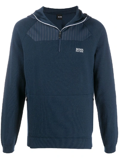 Shop Hugo Boss Half-zip Fleece Hoodie In Blue