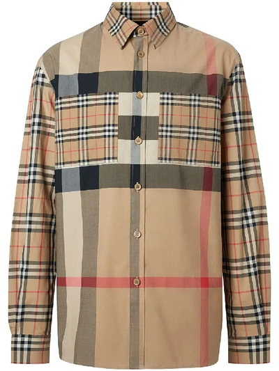 Shop Burberry Oversized Patchwork Check Shirt In Neutrals