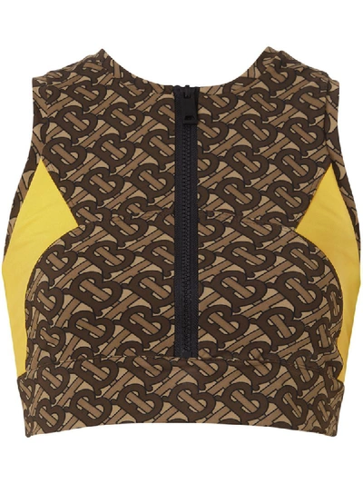 Shop Burberry Colour-block Monogram-print Cropped Top In Brown