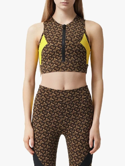 Shop Burberry Colour-block Monogram-print Cropped Top In Brown