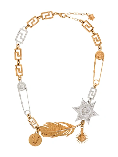 Shop Versace V-western Greca Charms Necklace In Gold