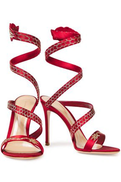 Shop Gianvito Rossi Embroidered Satin Sandals In Claret