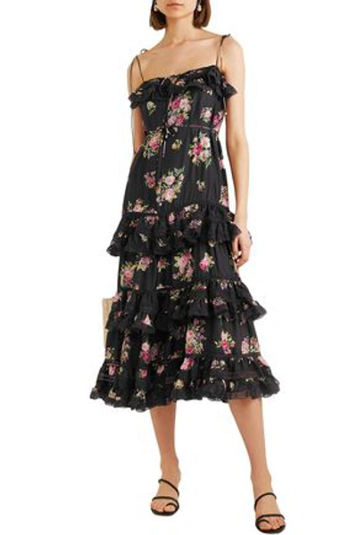 Shop Zimmermann Honour Tiered Floral-print Silk Crepe De Chine Midi Dress In Black