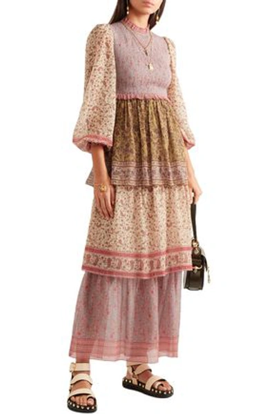 Shop Zimmermann Juniper Tiered Printed Crinkled Cotton And Silk-blend Maxi Dress In Sand