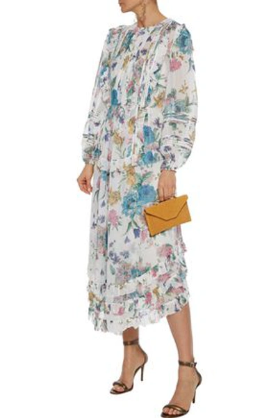 Shop Zimmermann Ninety-six Linear Pintucked Floral-print Georgette Midi Dress In White