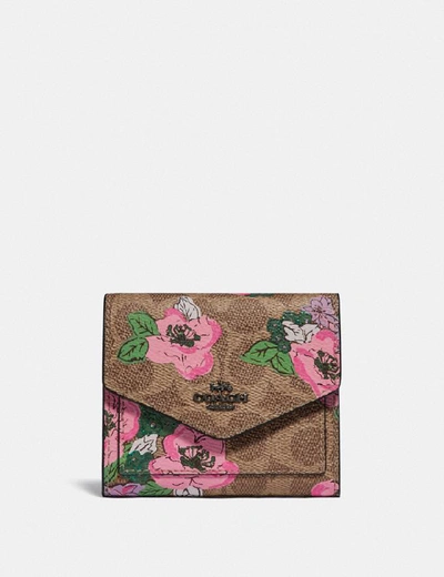 Shop Coach Small Wallet In Signature Canvas With Blossom Print - Women's In Pewter/tan Sand Print