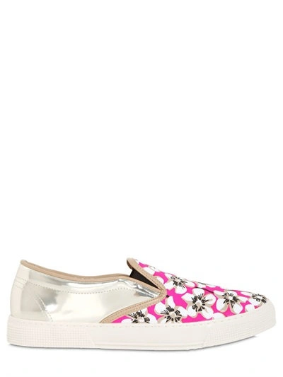Kurt Geiger Floral Printed Canvas & Leather Sneakers In Neon Pink