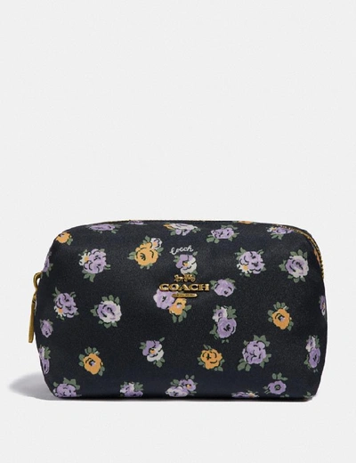 Shop Coach Small Boxy Cosmetic Case With Vintage Rose Print In Brass/midnight Navy Multi