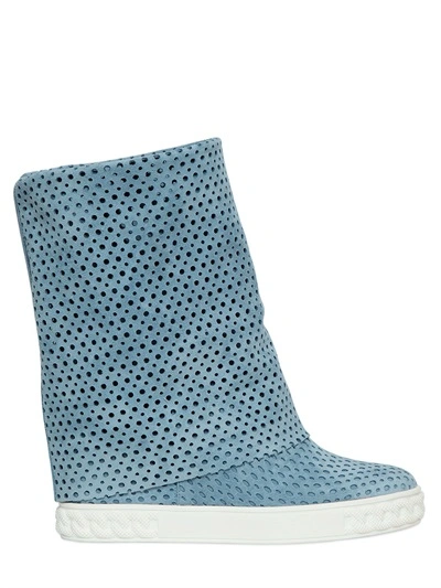 Shop Casadei 90mm Perforated Suede Wedge Boots, Light Blue