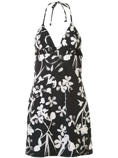 Pre-owned Chanel 2004 Floral Halterneck Swimsuit Dress In Black