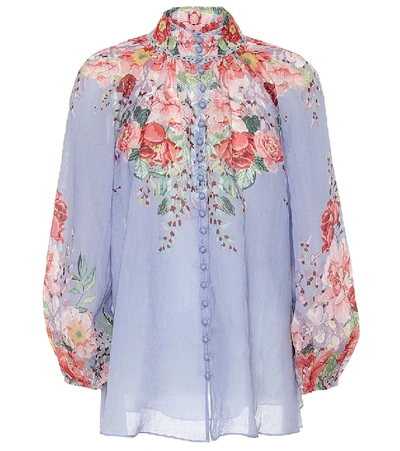 Shop Zimmermann Bellitude Floral Ramie Blouse In Blue