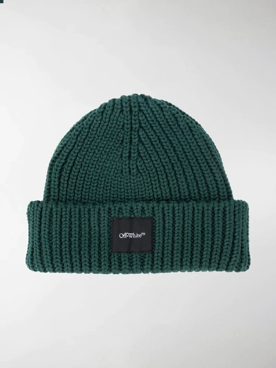Shop Off-white Ribbed Knit Beanie In Green