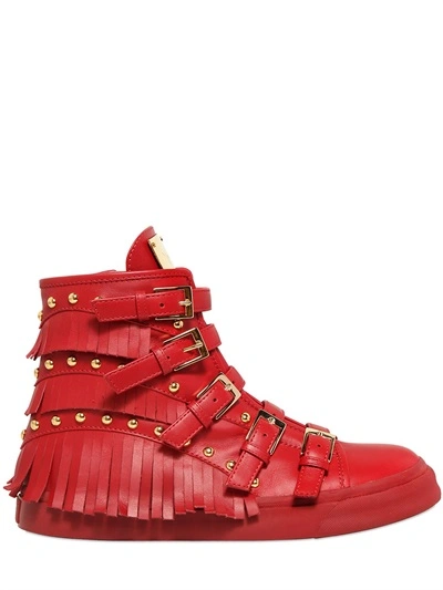 Shop Giuseppe Zanotti 30mm Fringed Leather High Top Sneakers, Red
