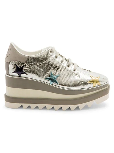 Shop Stella Mccartney Sneak-elyse Metallic Star Platform Wedge Sneakers In Silver Gold