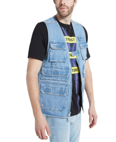 Shop Guess Men's Denim Utility Vest In Stone Wash Light Blue
