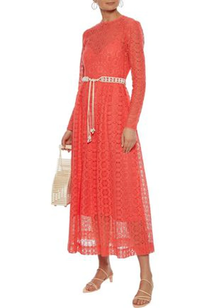 Shop Zimmermann Allia Belted Cotton-blend Crocheted Lace Maxi Dress In Papaya