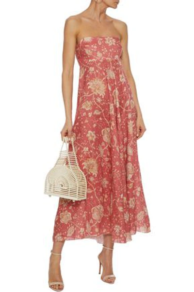 Shop Zimmermann Veneto Strapless Shirred Floral-print Linen Midi Dress In Coral