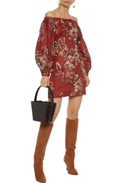Shop Zimmermann Juno Off-the-shoulder Floral-print Linen Mini Dress In Brick