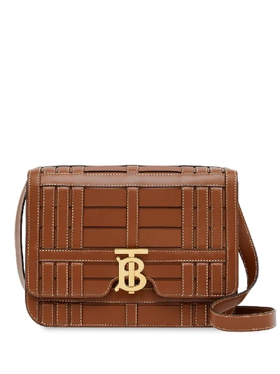 Shop Burberry Medium Woven Leather Tb Bag In Brown