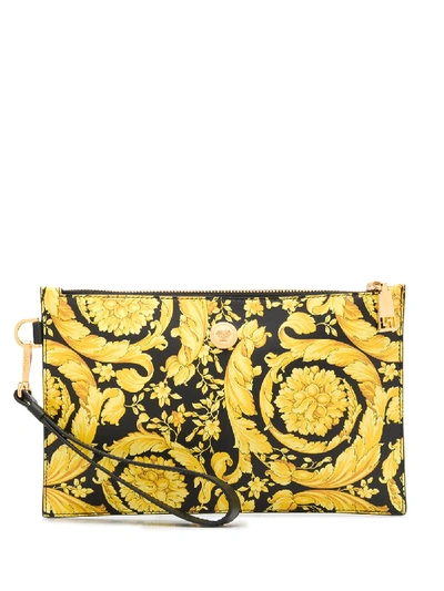 Shop Versace Barocco-print Leather Pouch Bag In Black