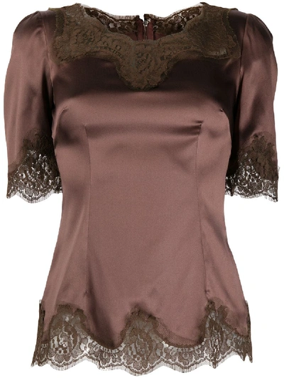 Shop Dolce & Gabbana Lace-trimming Short-sleeved Blouse In Brown