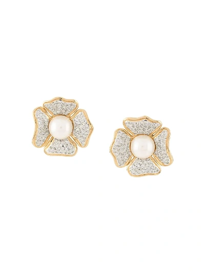 Pre-owned Valentino Garavani Pearl And Crystal-embellished Clip-on Earrings In Gold